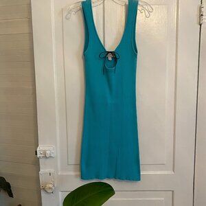 Rationale Blue Knit Mini Dress with Keyhole Tie